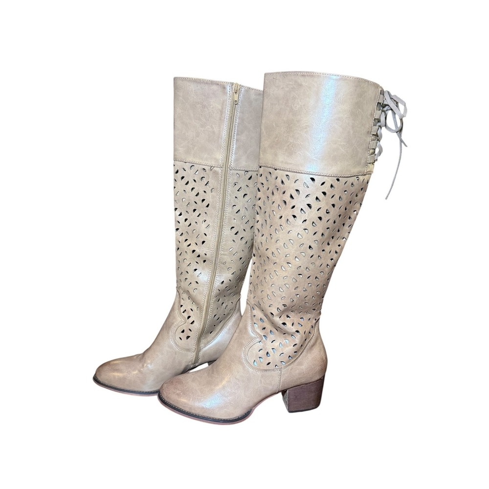 Boutique by Corkys Gabbie Taupe Perforated‎ Lace Up Back Tall Boots Womens 11